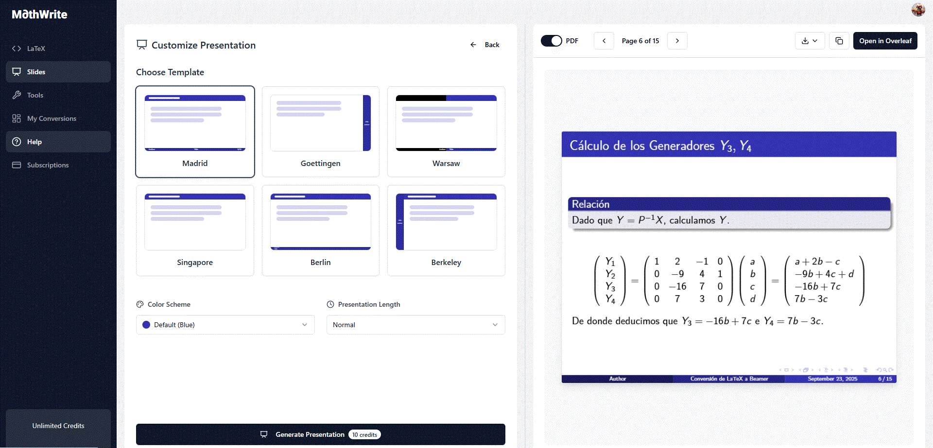 MathWrite presentations feature